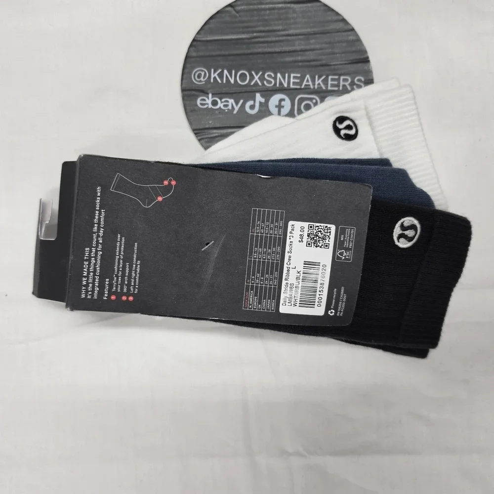 Lululemon Daily Stride Ribbed Crew Sock 3-Pack White Black Mens Size L 9.5-12